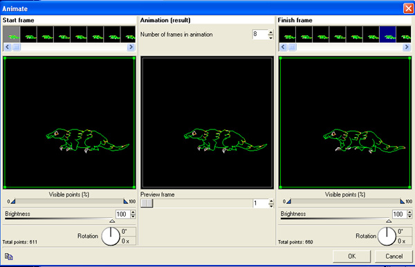 LiveQUICK animator window which provides simultaneous morphing, fading and rotation